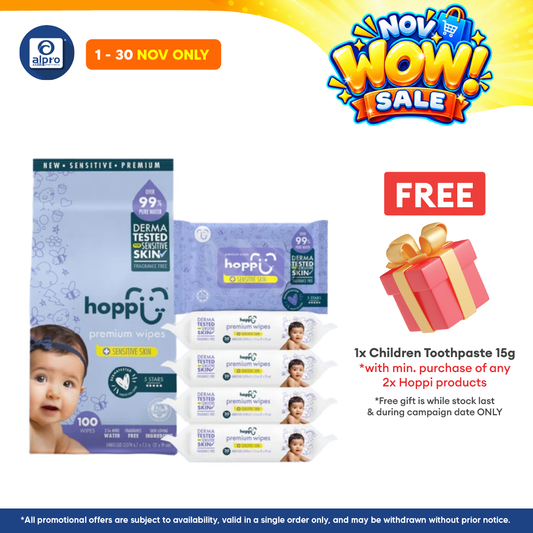 Hoppi 99% Premium Water Baby Wipes 20 Sheets per Pack - 5 In 1 Bundle Pack | Suitable For Newborns & Sensitive Skins