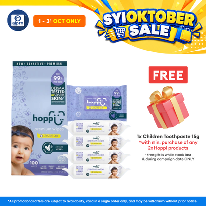 Hoppi 99% Premium Water Baby Wipes 20 Sheets per Pack - 5 In 1 Bundle Pack | Suitable For Newborns & Sensitive Skins