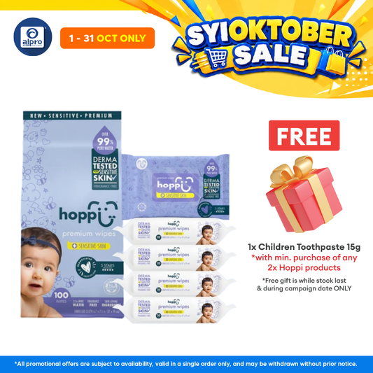 Hoppi 99% Premium Water Baby Wipes 20 Sheets per Pack - 5 In 1 Bundle Pack | Suitable For Newborns & Sensitive Skins