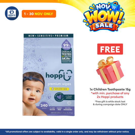 Hoppi 99% Premium Water Baby Wipes 80 Sheets per Pack - 3 In 1 Bundle Pack | Suitable For Newborns & Sensitive Skins