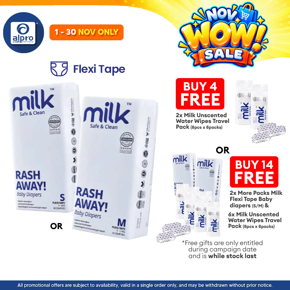 Milk Flexi Tape Baby Diapers (Size S48pcs/ M42pcs) | Sensitive Skin Friendly & Leak-Proof