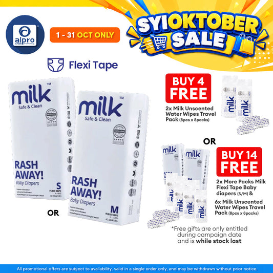 Milk Flexi Tape Baby Diapers (Size S48pcs/ M42pcs) | Sensitive Skin Friendly & Leak-Proof