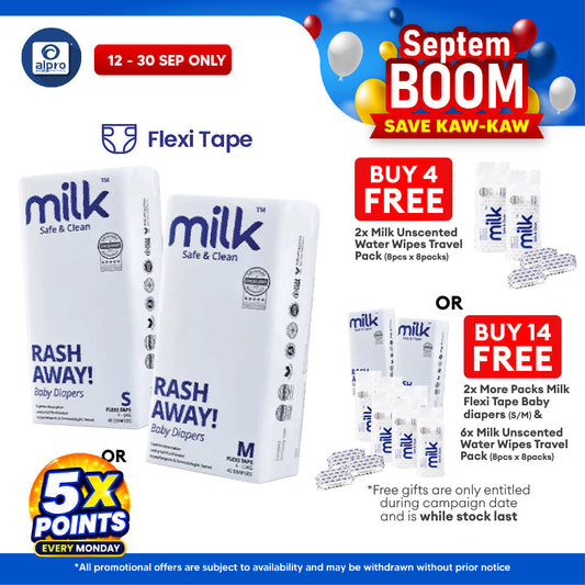 Milk Flexi Tape Baby Diapers (Size S48pcs/ M42pcs) | Sensitive Skin Friendly & Leak-Proof