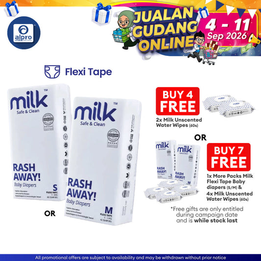 Milk Flexi Tape Baby Diapers (Size S48pcs/ M42pcs) | Sensitive Skin Friendly & Leak-Proof MILK Diapers