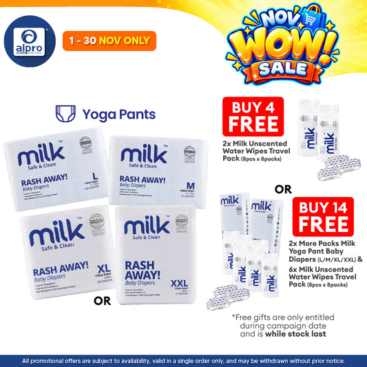 Milk Yoga Pants Baby Diapers (M42pcs/ L36pcs/ XL30pcs/ XXL24pcs) | Ultra-Sonic Side Seal for a Snug Fit