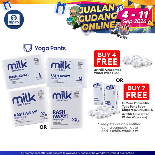 Milk Yoga Pants Baby Diapers (M42pcs/ L36pcs/ XL30pcs/ XXL24pcs) | Ultra-Sonic Side Seal for a Snug Fit MILK Diapers