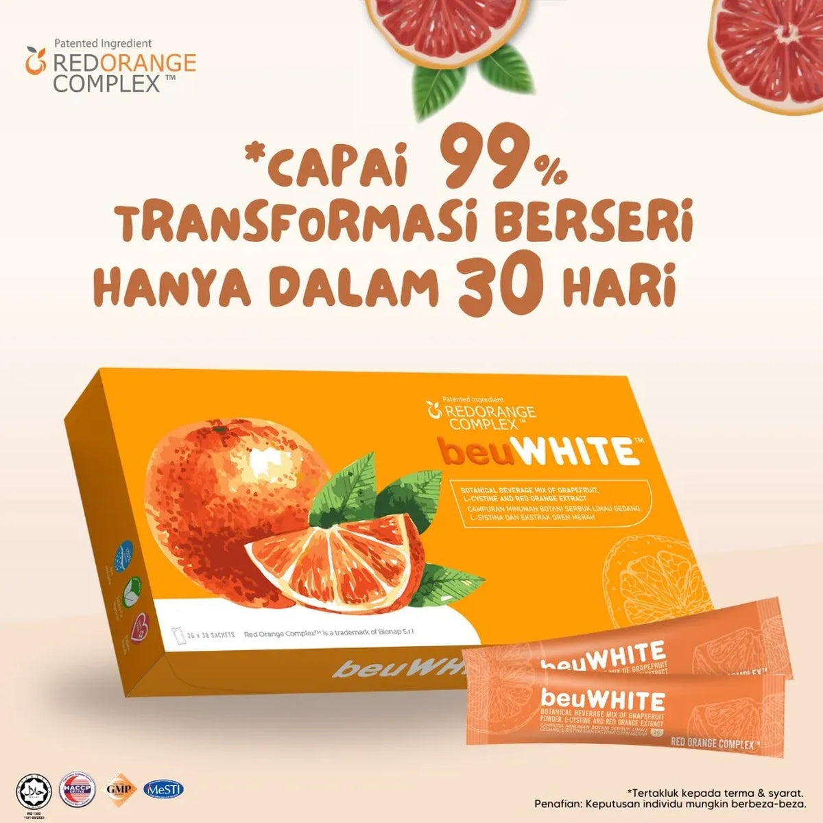 beuWHITE Oral Whitening Sunblock with Red Orange Complex 2g × 30s | Supports Skin Radiance & Daily Wellness beuWHITE