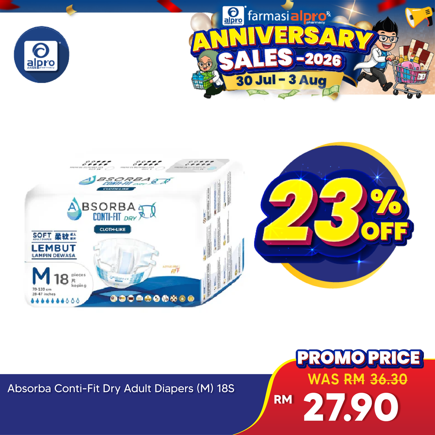 Absorba Conti-Fit Dry Adult Diapers M Size 18s | High Absorbency Absorba