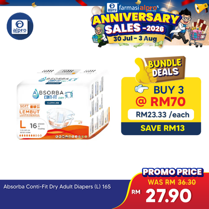 Absorba Conti-Fit Dry Adult Diapers L Size 16s | High Absorbency Absorba