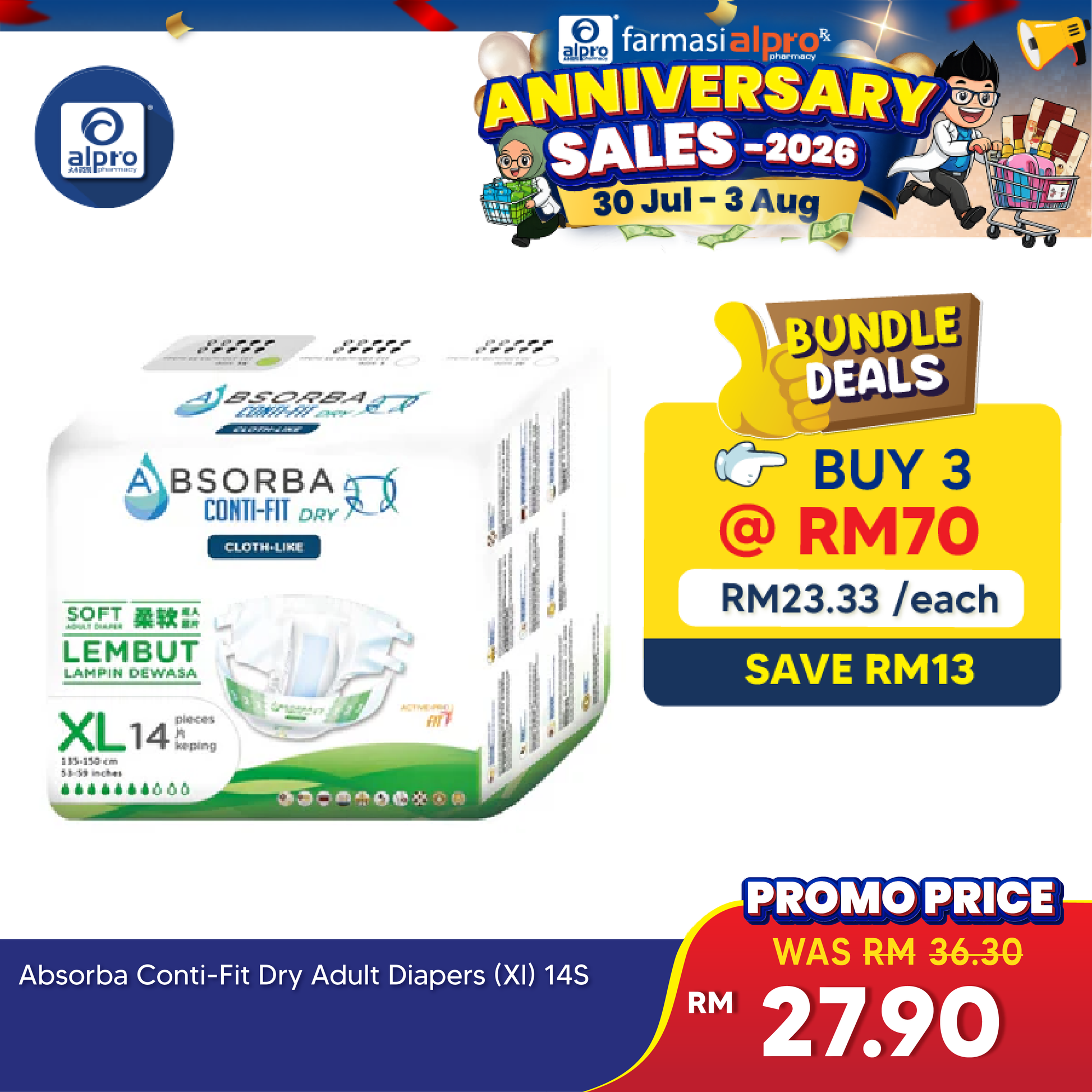 Absorba Conti-Fit Dry Adult Diapers XL Size 14s | High Absorbency Absorba