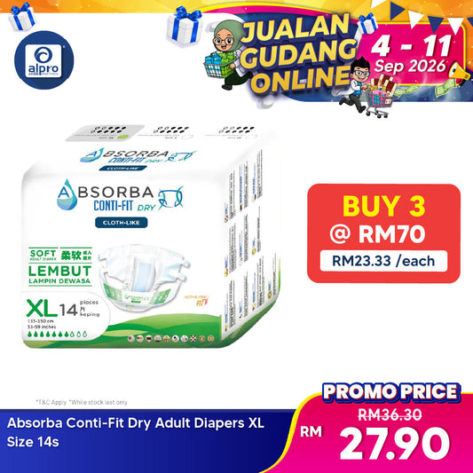 Absorba Conti-Fit Dry Adult Diapers XL Size 14s | High Absorbency Absorba