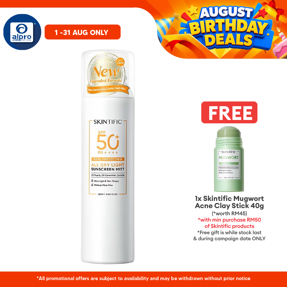 Skintific All Day Light Sunscreen Mist SPF50 PA++++ 120mL | Non-Greasy & Invisible Feeling Skintific