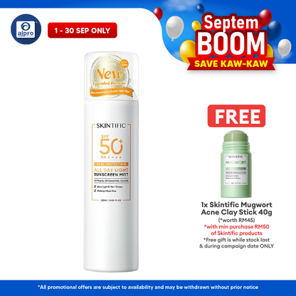Skintific All Day Light Sunscreen Mist SPF50 PA++++ 120mL | Non-Greasy & Invisible Feeling Skintific