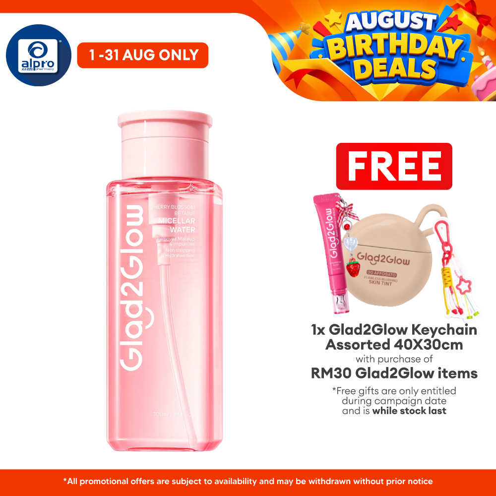 Glad2Glow Cherry Blossom Betaine Micellar Water 300mL | Remove Makeup in One Wipe Glad2Glow