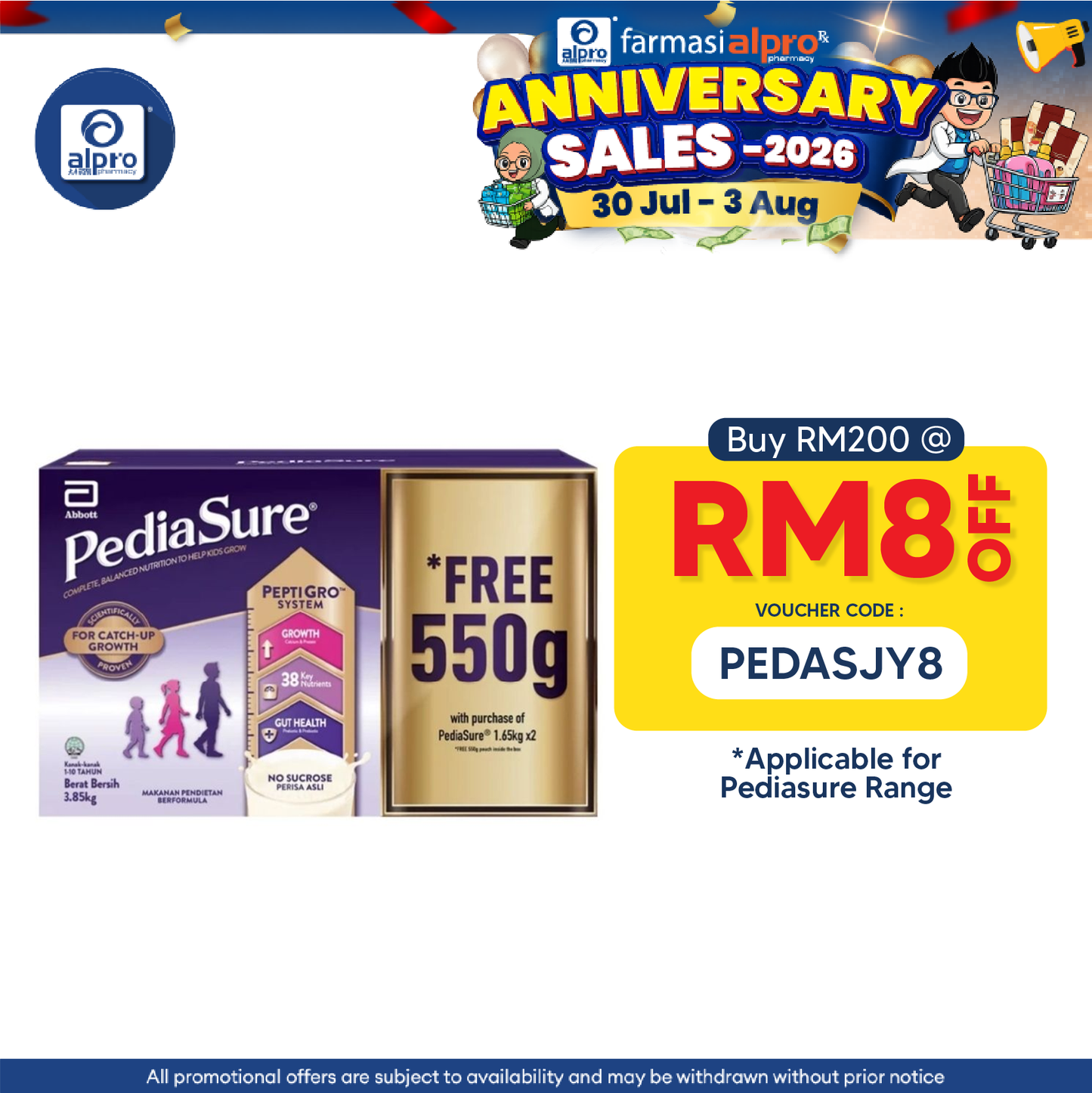 Abbott Pediasure Peptigro Vanilla 1.65KG X2 FOC 550G Pediasure