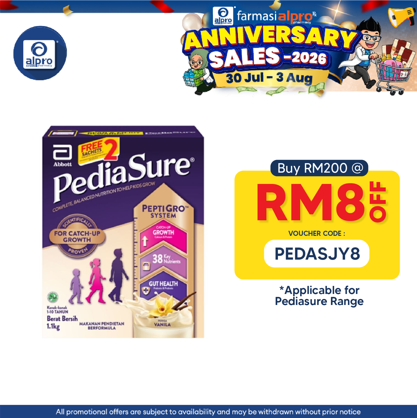 Abbott PediaSure Peptigro  Vanilla 1.1KG FOC 2 sachets Pediasure