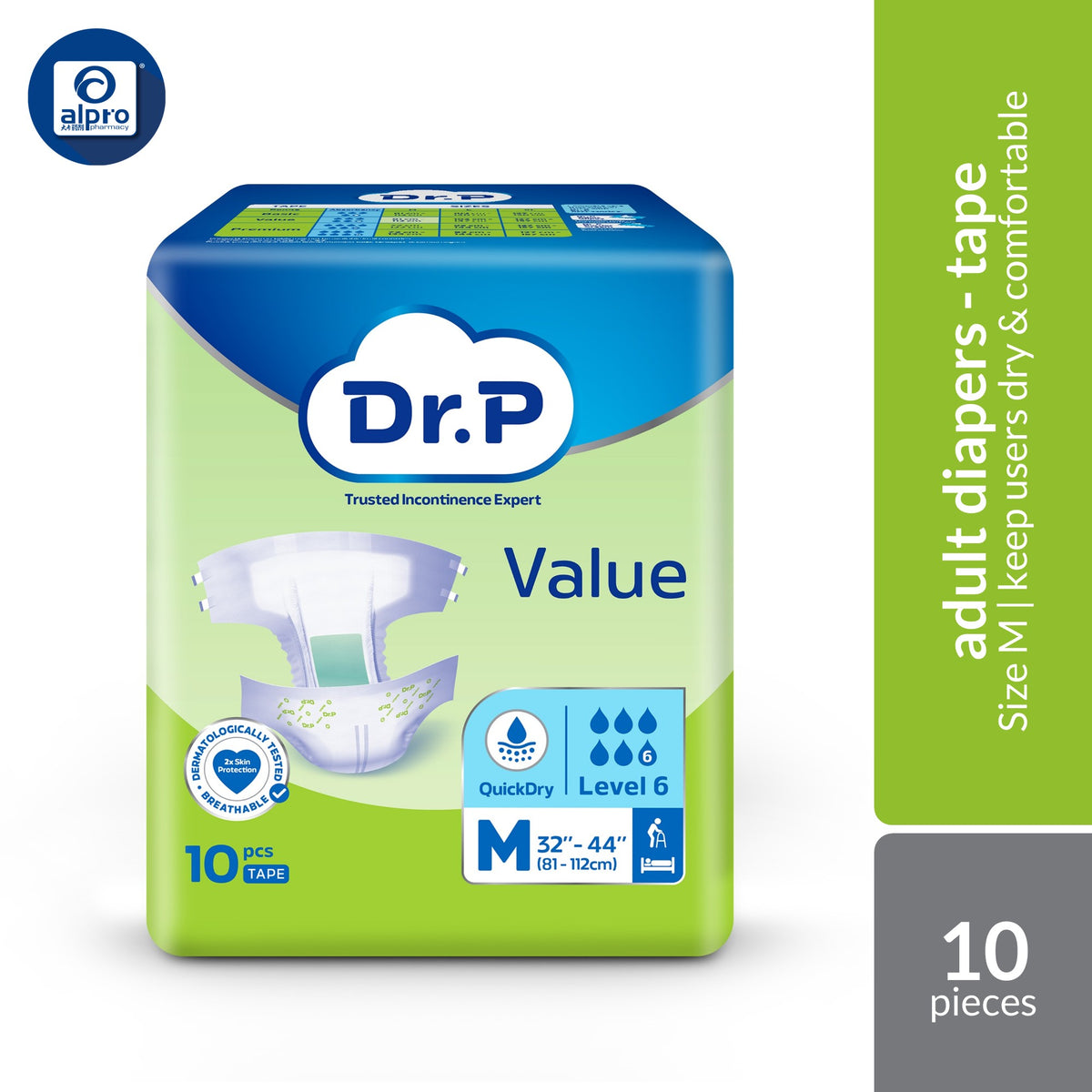 Dr. P Value Level 6 Adult Diapers (Size M 10s / L 9s / XL 8s) | AntiLeak-Barrier Protection & QuickDry Level 6 Tech