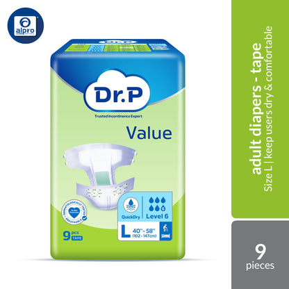 Dr. P Value Level 6 Adult Diapers (Size M 10s / L 9s / XL 8s) | AntiLeak-Barrier Protection & QuickDry Level 6 Tech