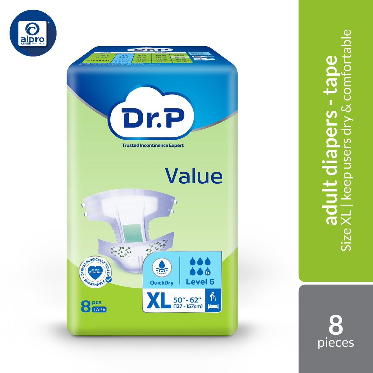 Dr. P Value Level 6 Adult Diapers (Size M 10s / L 9s / XL 8s) | AntiLeak-Barrier Protection & QuickDry Level 6 Tech