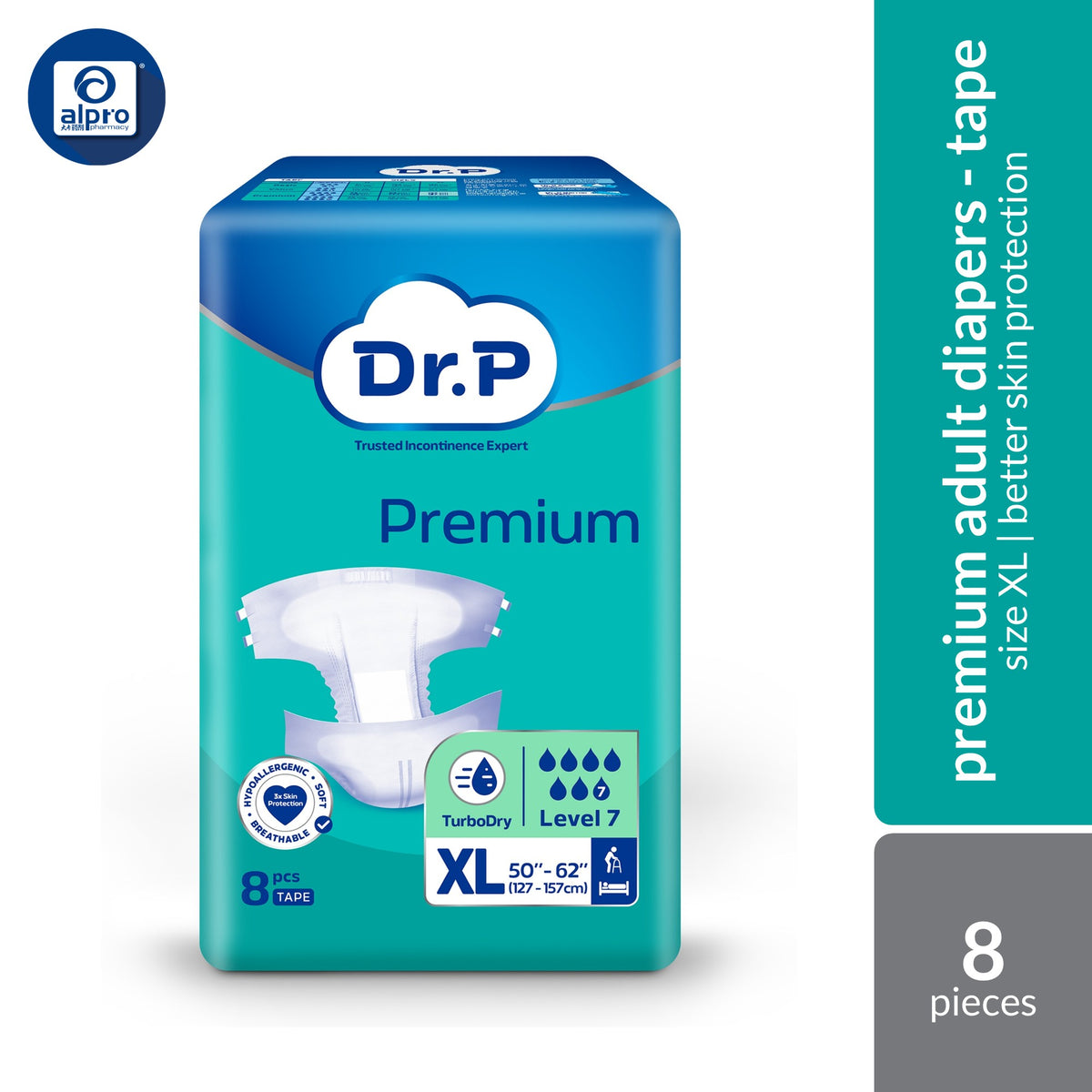 Dr. P Premium Level 7 Adult Diapers (Size M 10s / L 9s / XL 8s) | Hypoallergenic & More Skin Protection