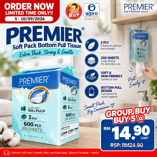 [Group Buy Delivery Starts: 24/09/2026] Premier Soft Pack Bottom Pull (3ply X 200s) 600 Ply Group Buy