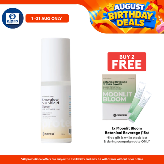 Soveu Snowglow Serum Shield SPF 50 PA++++ 30mL | Lightweight Texture & Shield from Harsh Sun Soveu