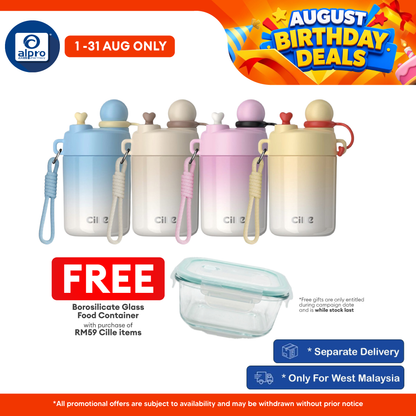 Cille Stainless Steel Kid Water Bottle Pastel with Straw Strap 450mL (XB-25151-450) | 316 Stainless Steel & Food-Grade Cille