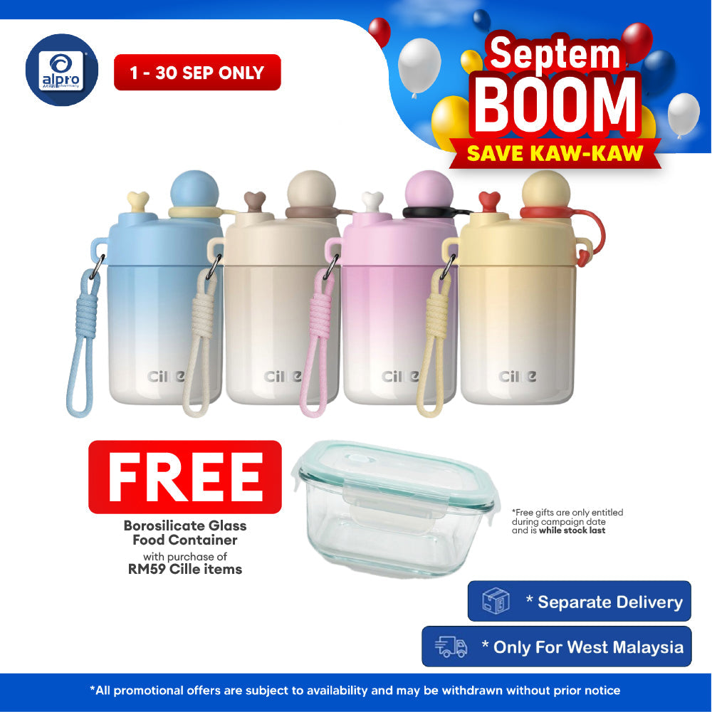 Cille Stainless Steel Kid Water Bottle Pastel with Straw Strap 450mL (XB-25151-450) | 316 Stainless Steel & Food-Grade Cille