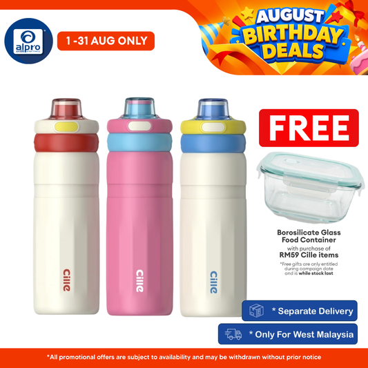 Cille 316 Stainless Steel Water Bottle Sports Style 560mL (XB-25108-560) | One Click Open with Dual Drinking Cap Cille
