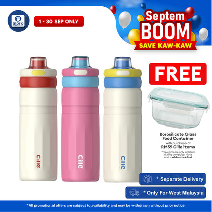 Cille 316 Stainless Steel Water Bottle Sports Style 560mL (XB-25108-560) | One Click Open with Dual Drinking Cap Cille
