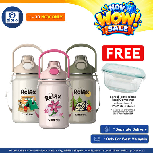 Cille Ceramic Heatlock Tumbler Flask Water Bottle 1L (XB-24155-1.0) | Designed with Anti-Spill Safety Lock Lid