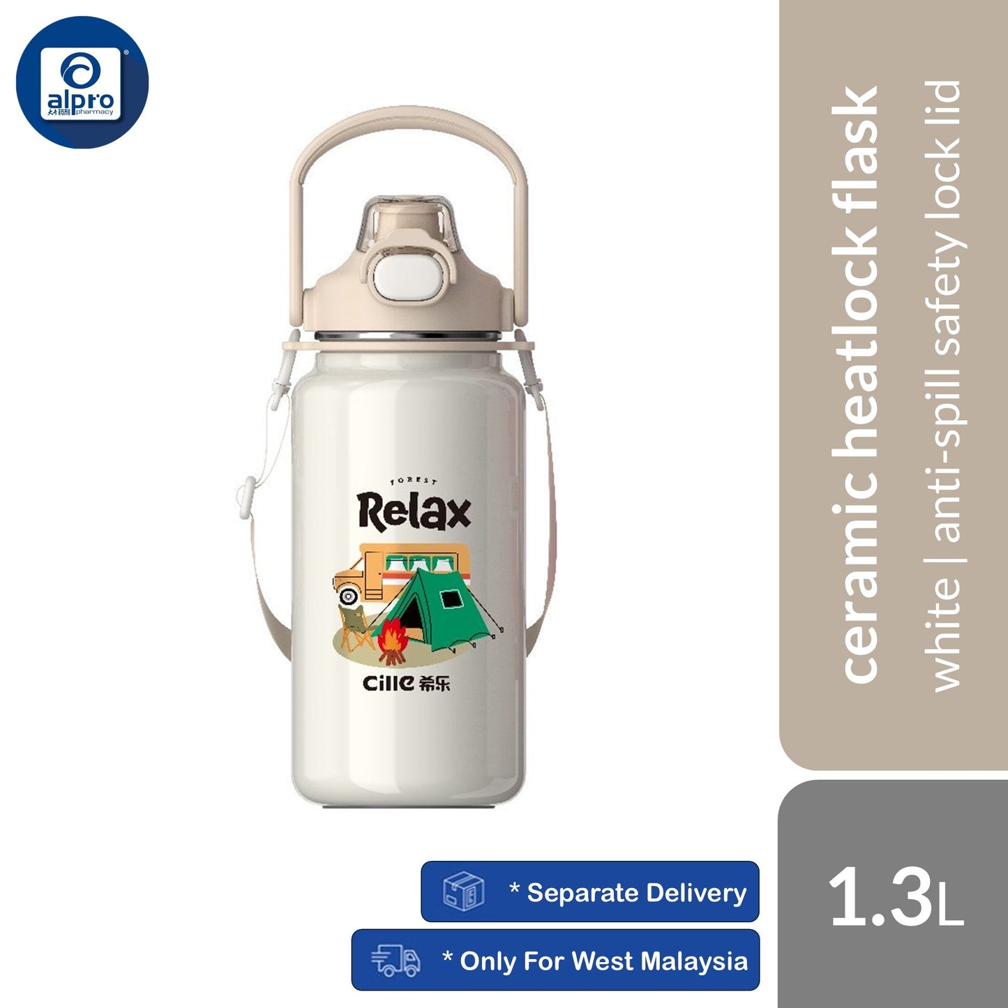 Cille Ceramic Heatlock Tumbler Flask Water Bottle 1.3L (XB-24155-1.3) | Designed with Anti-Spill Safety Lock Lid Cille