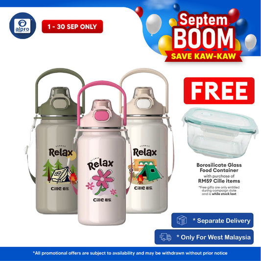 Cille Ceramic Heatlock Tumbler Flask Water Bottle 1.3L (XB-24155-1.3) | Designed with Anti-Spill Safety Lock Lid Cille