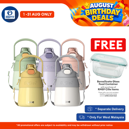 Cille 316 Stainless Steel Fat Dudu Vacuum Thermo Water Bottle 900mL (XB-22140) | with Adjustable Strap and Straw Cille