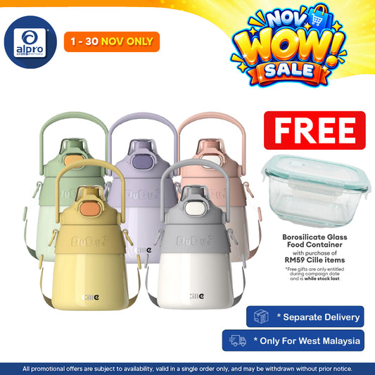 Cille 316 Stainless Steel Fat Dudu Vacuum Thermo Water Bottle 900mL (XB-22140) | with Adjustable Strap and Straw