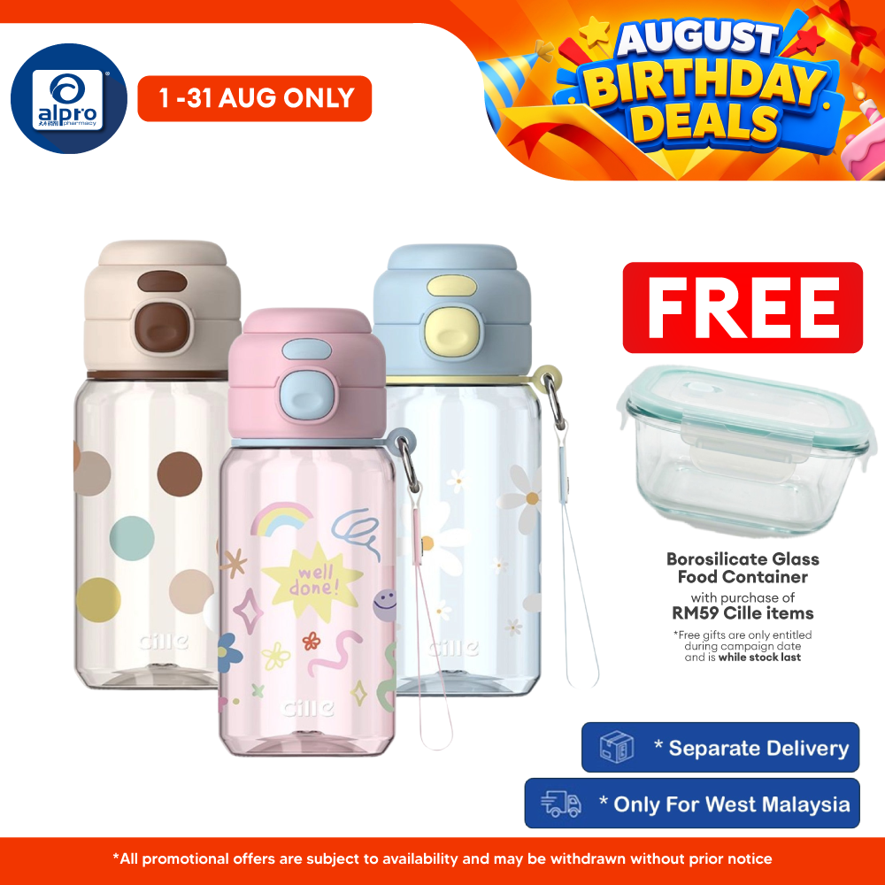Cille Cute Tritan Water Bottle 520mL (XL-2536-520) | Dual Drink, Leak-Proof, Strap & One-Click Open Cille