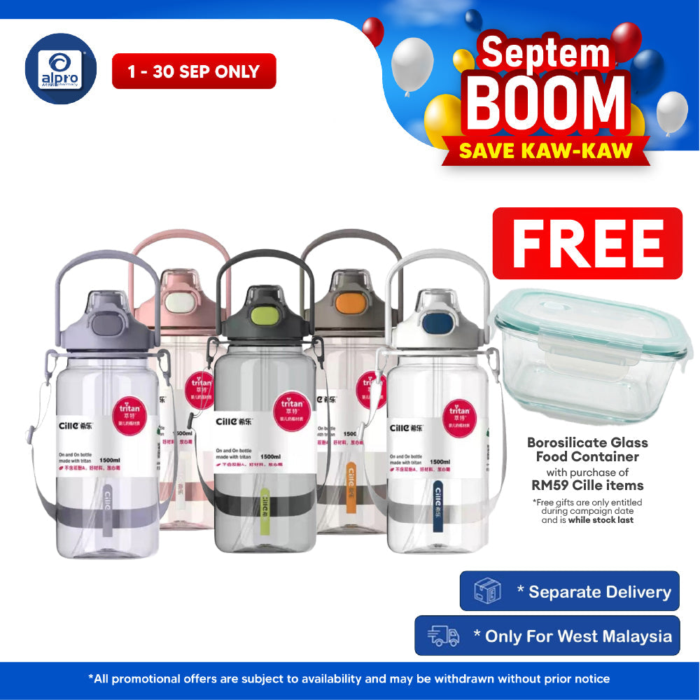 Cille Water Bottle Tritan BPA-Free Plastic Water Bottle with Straw 1.5L (XL-2345) | With Convenient Carrying Strap Cille