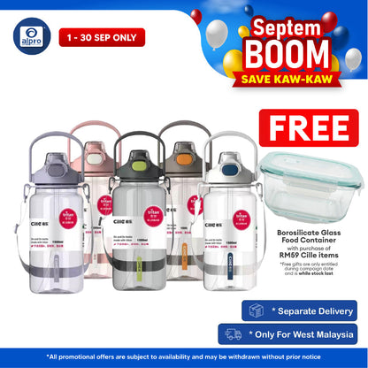 Cille Water Bottle Tritan BPA-Free Plastic Water Bottle with Straw 1.5L (XL-2345) | With Convenient Carrying Strap Cille