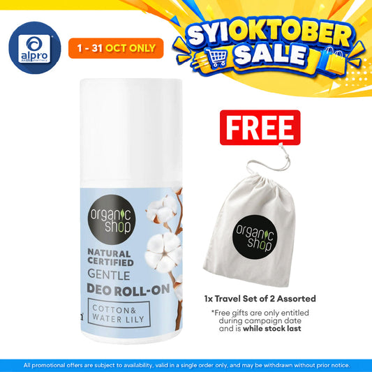 Organic Shop Natural Certified Gentle Deo Roll-On Cotton & Water Lily 50mL | Actively Combats Body Odour