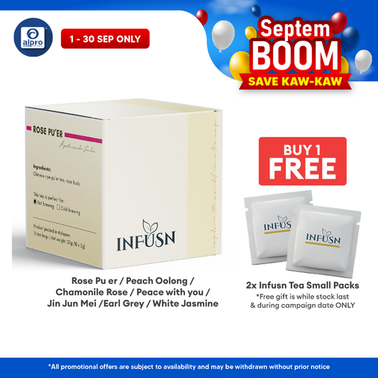Infusn Tea 10s (Rose Pu er, Peach Oolong, Chamonile Rose, Peace with you, Jin Jun Mei, Earl Grey & White Jasmine) INFUSN