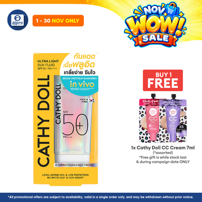 Cathy Doll Ultra Light Sun Fluid SPF50 PA++++ 40mL | No White Case & Long Lasting