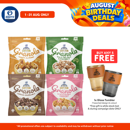 Captain Granola (Honey Almond/ Gula Melaka & Coconut/ Cocoa Hazelnut/ Strawberry Yoghurt) 40g | Made with Australian Oat Captain