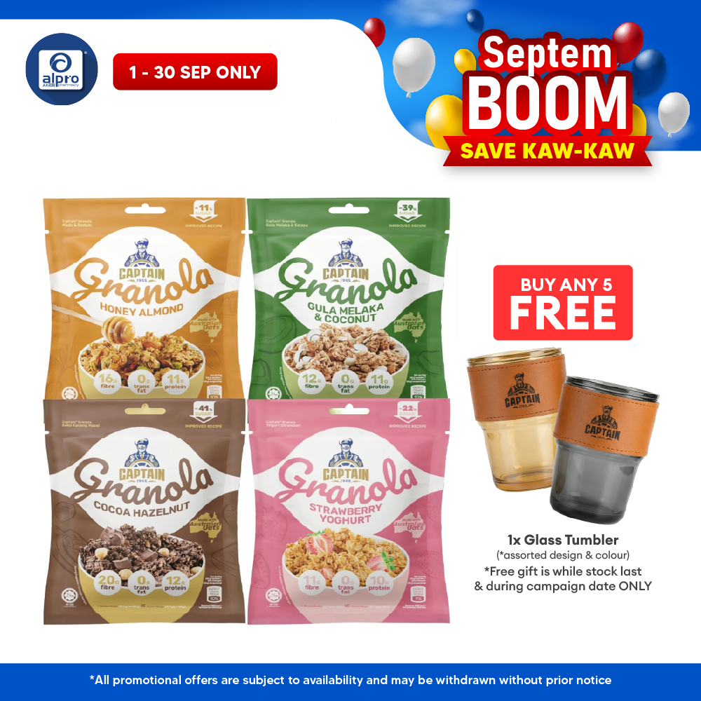 Captain Granola (Honey Almond/ Gula Melaka & Coconut/ Cocoa Hazelnut/ Strawberry Yoghurt) 40g | Made with Australian Oat Captain
