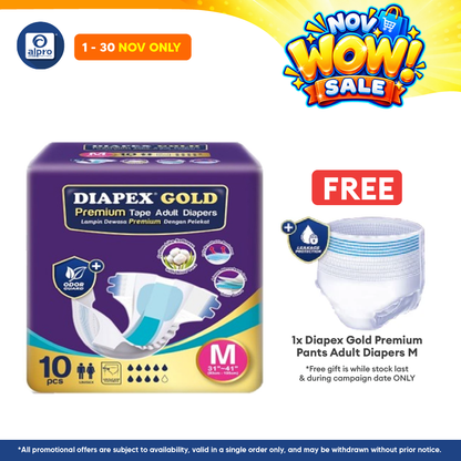 Diapex Gold Premium Tape Adult Diapers M 10s | Cotton-like softness