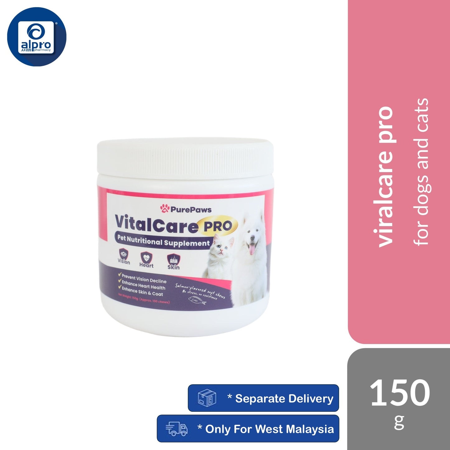 Pure Paws VitalCare PRO 150g | Nutritional Eye, Heart, & Skin Supplement Formulated For Dogs & Cats Pure Paws