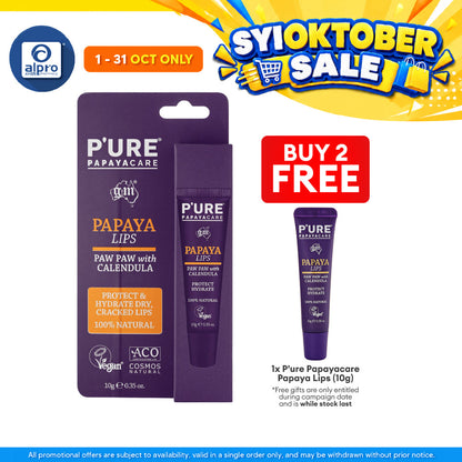 P'ure Papayacare Papaya Lips 10g | Protect & Hydrate Dry, Cracked Lips