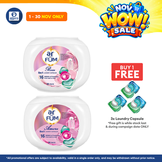 Ar FÜM 5-In-1 Laundry Capsules Amore 12g ×36pcs | Continuous Fragrance Up To 16 Weeks