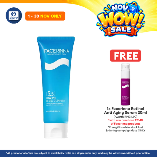 Facerinna Low pH B5 Gel Cleanser 120mL | Gentle Cleansing & 24-Hr Hydration