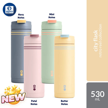 Montigo City Flask Retro Reel Collection (Navy Notes / Petal Notes / Mint Notes / Butter Notes) 530mL | Retro Tones Montigo