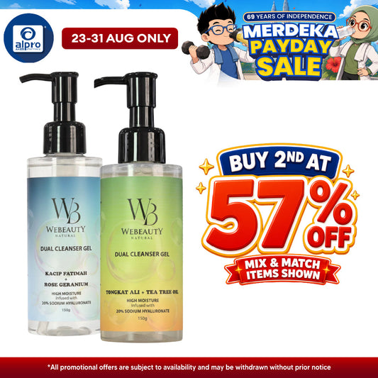 WeBeauty Dual Cleanser Gel (Kacip Fatimah + Rose Geranium / Tongkat Ali + Tea Tree) 150g | Gentle Moisturising Cleanser WeHealth